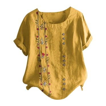 Plus Size Women's Bohemian Floral Embroidered Shirt, Short Sleeve Cotton Linen Blouse with Button Front and Round Neck, Casual Stylish Top for Vacation, Party and Daily Casual Occasions YellowXL