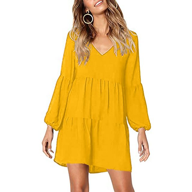 Follure Robe Mode Femme Unie Col en V Manches Longues Fluide Ample Robes d'Été pour Femmes