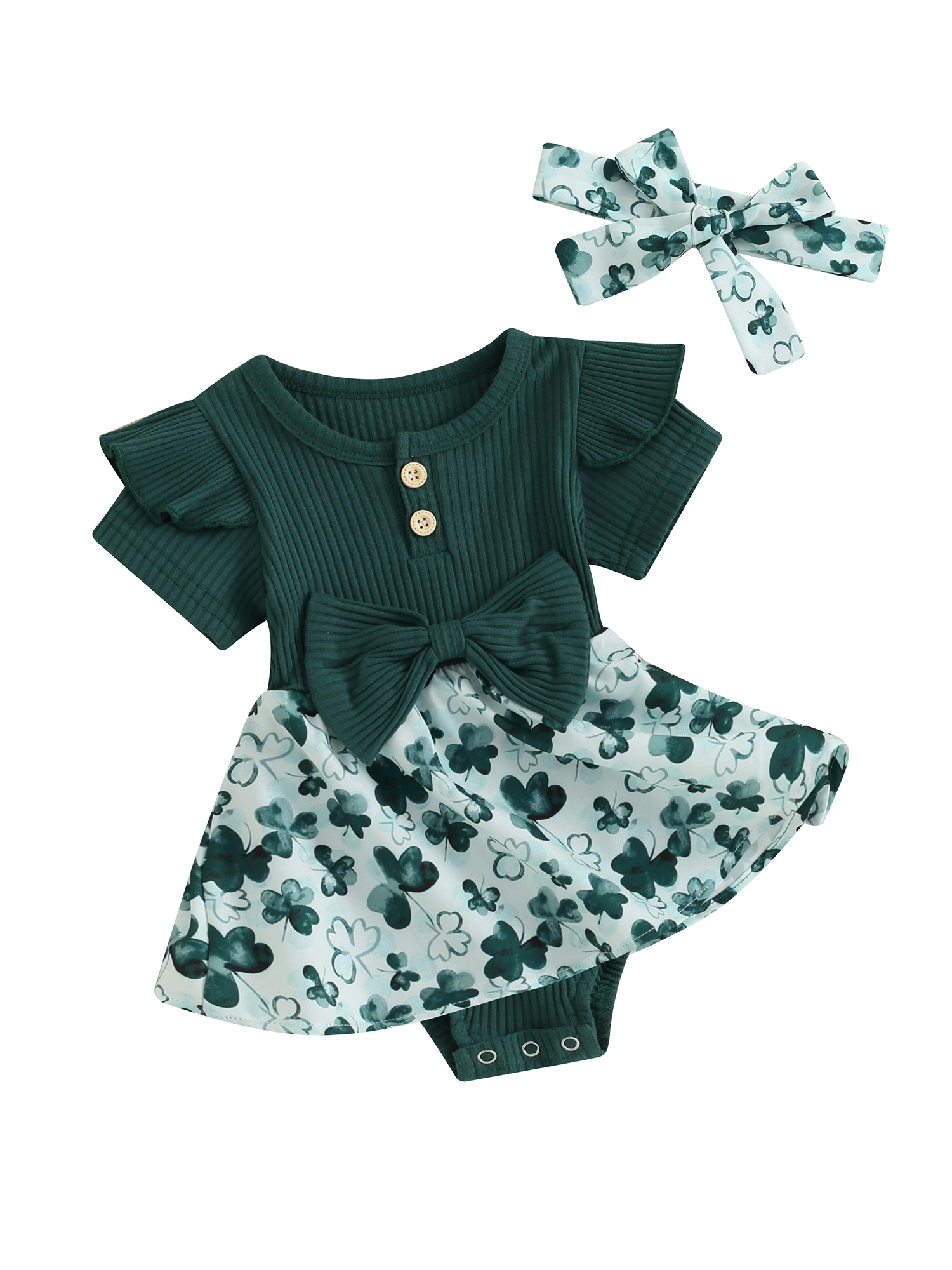 EYIIYE Combinaison de Festival Irlandais pour Bébé Fille Nouveau-Né à Manches Courtes Robe à Col Rond Imprimé Trèfle Patchwork Côtelé avec Bandeau Ensemble de Vêtements Décontractés Mignons pour Petites Filles