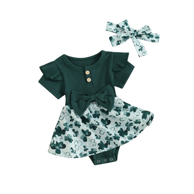 EYIIYE Barboteuse à Manches Courtes pour Bébé Fille Festival Irlandais Nouveau-Né Robe Col Rond Imprimé Trèfle Patchwork Côtelé avec Bandeau Ensemble de Vêtements Décontractés Mignons pour Petites Filles