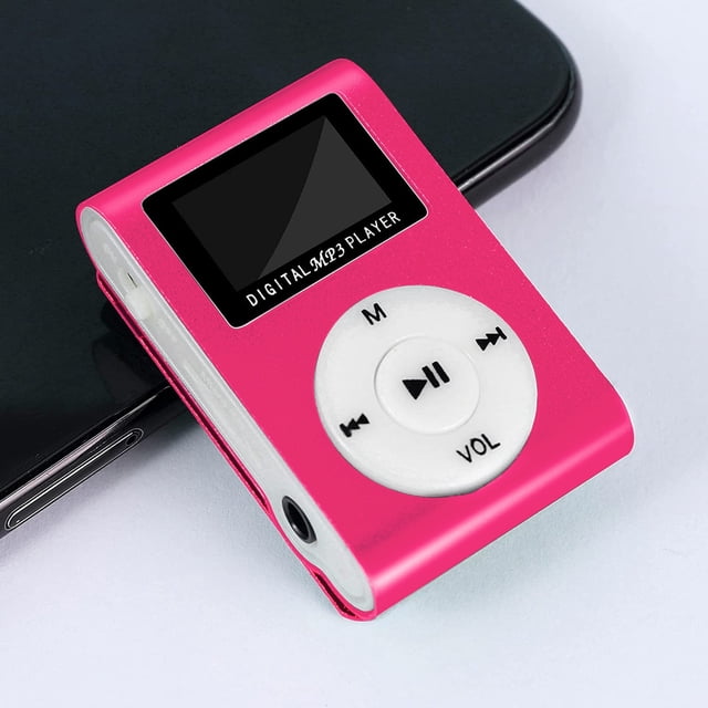 EGNMCR Portable MP3 Player with a vibrant pink aluminum body, featuring an LCD screen and circular control buttons for playback, volume, and navigation. Compact design with a clip-on feature for easy portability, ideal for sports, travel, and everyday use. Supports MP3, MP2, and MP1 formats, with USB connectivity and built-in rechargeable lithium battery for extended playback. A versatile audio device for high-quality music enjoyment.