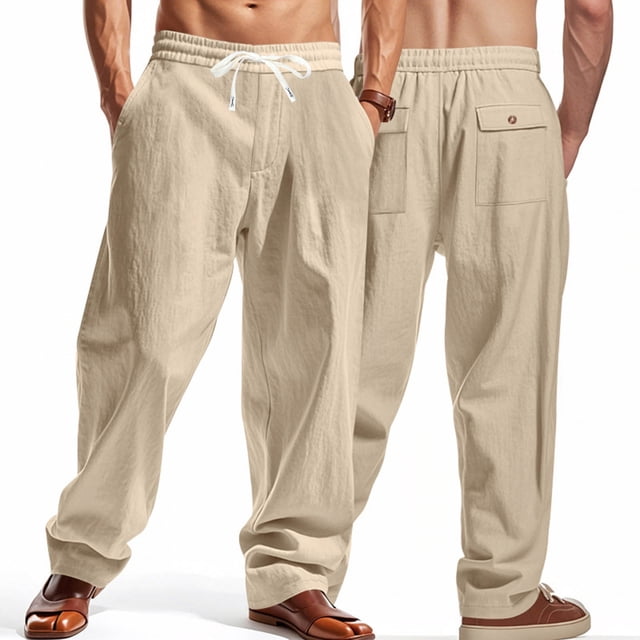 asjyhkr Mens Linen Pants Wide Leg Drawstring Elastic Casual Pants Workout Running with Pockets