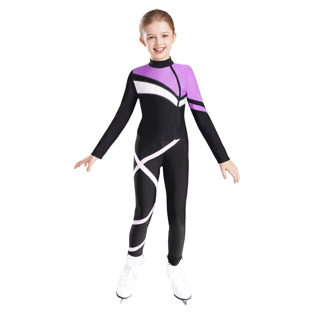 XUNZOO Kids Girls Long Sleeve Zipper Coat Shiny Rhinestones Contrast Color Patchwork Jacket With Leggings Figure Skating Dance Suit Light Purple 8