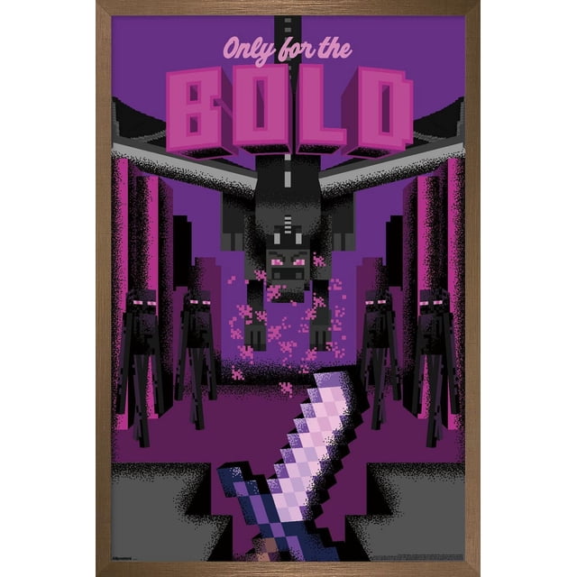 Minecraft : Discover - Seulement pour l'Affiche Murale Audacieuse, 14,725 Pouces x 22,375 Pouces Encadrée, Présentant un art pixel d'Un Grand Dragon Ender Volant au-Dessus de Quatre Endermen sur un Fond Violet. une Épée Violette Pixélisée Est Tenue au Premier Plan. l'Affiche a une Finition Satinée et un Cadre en Bois Brun, Convient à la Déco Maison à Thème Gaming.