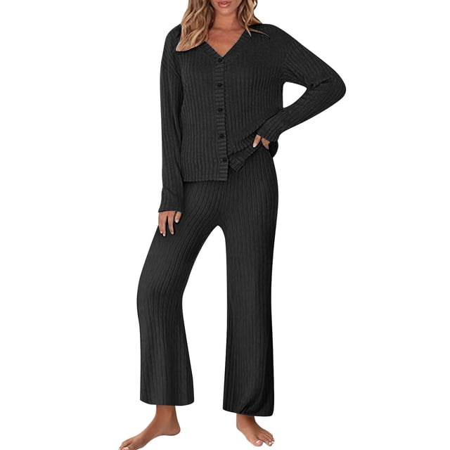 Diufon Matching Lounge Sets for Women Ribbed Long Sleeve Button Tops Matching Pants Sleepwear Set Fall Winter Outfits