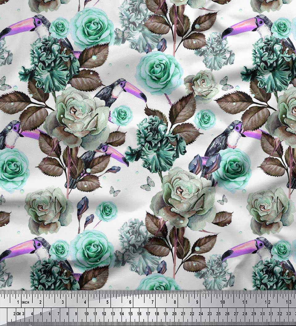 Soimoi Polyester Crepe Fabric Leaves & Rose Flower Decor Fabric Printed Yard 42 Inch Wide