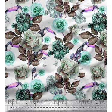 Soimoi Satin Silk Fabric Leaves & Rose Flower Print Fabric by Yard 42 Inch Wide