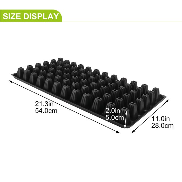 10PCS Seedling Trays Sprouts Vegetable Forest 72 Holes Flat Plate Seedling Tray made of durable black PVC plastic. The tray measures 54 x 28 x 5 cm and features a 72-hole grid design for efficient seed sprouting and high budding rates. The ventilated structure prevents root rotting and supports multiple seed types. Lightweight and wear-resistant, suitable for gardening and hydroponic setups.
