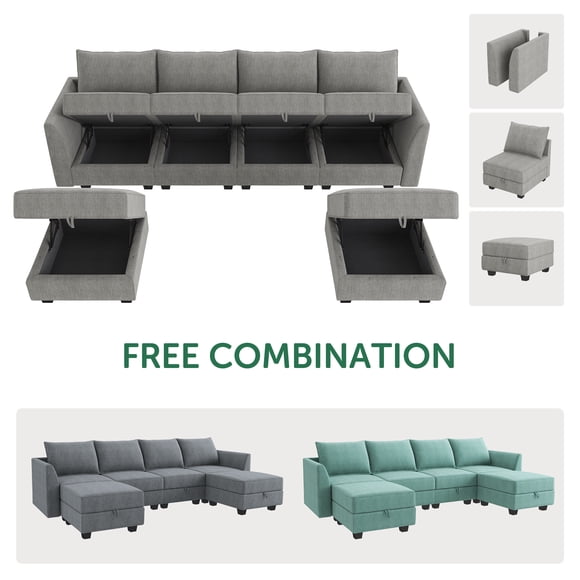 HONBAY Modular Sectional Sofa with Storage, U Shaped Couch with Reversible Chaise and Storage Ottomans, Gray