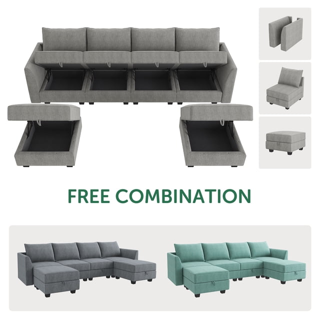 HONBAY Modular Sectional Sofa with Storage in gray, featuring a U-shaped design with reversible chaise and storage ottomans. The sofa is crafted with a solid wood frame, foam fill, and sinuous spring supports, wrapped in 100% polyester fabric. Each seat includes hidden storage compartments, and the modular design allows for customizable configurations. The image shows the sofa with open storage compartments, individual modules, and two arrangement examples.