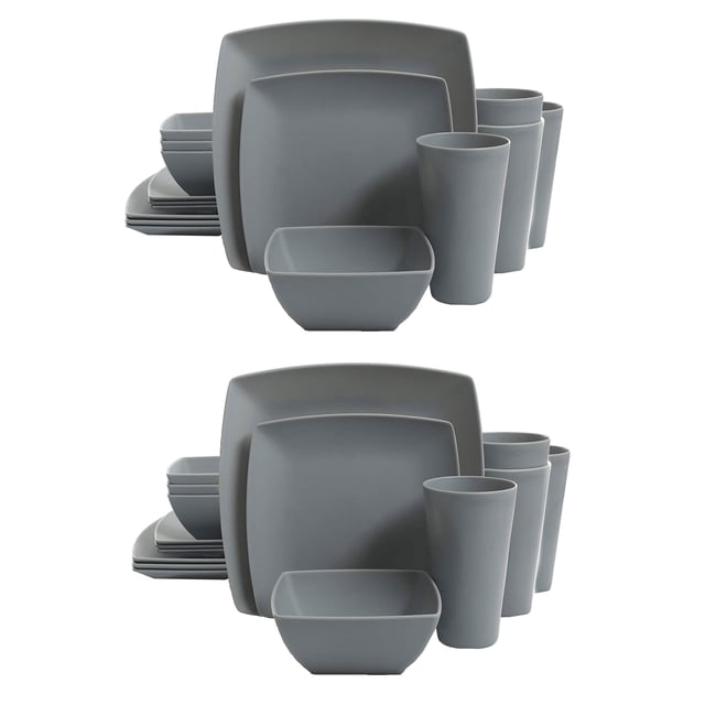 Gibson Home Ensemble de 16 Pcs d'Assiettes Modernes Carrées en Mélamine Gris (Lot de 2)
