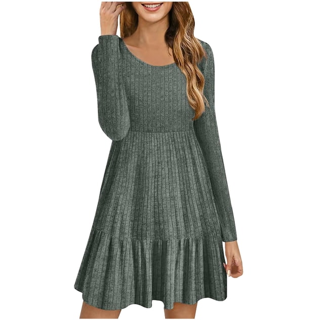 cfhntfmh Robe Chandail à Manches Longues pour Femmes Robe Mini en Tricot Doux à Manches Longues Décontractée d'Automne Col Rond Robe Moulante Côtelée