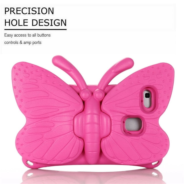 TopLLC Kids Shock proof Cover for Galaxy Tab A 8-inch T290 T295, shown in a vibrant pink butterfly design. Made of thick EVA foam, this case is lightweight, durable, and safe for children. It features a handle for easy carrying and precise cutouts for buttons and ports, ensuring full functionality without removing the case. The raised edges provide screen protection when placed face down. Ideal for home, dorm, or travel use.