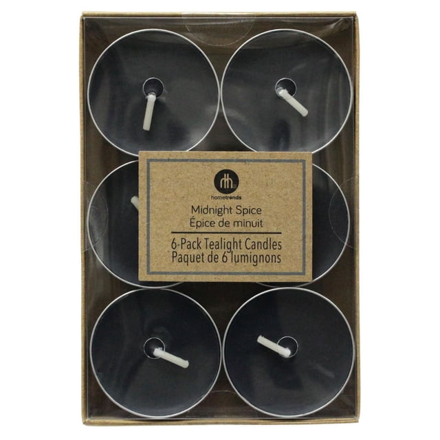 Hometrends Midnight Spice scented 6-pack tealight candles in black wax with white cotton wicks, packaged in a rectangular cardboard box with a brown label, ideal for indoor Christmas decorations and adding warm ambient light.
