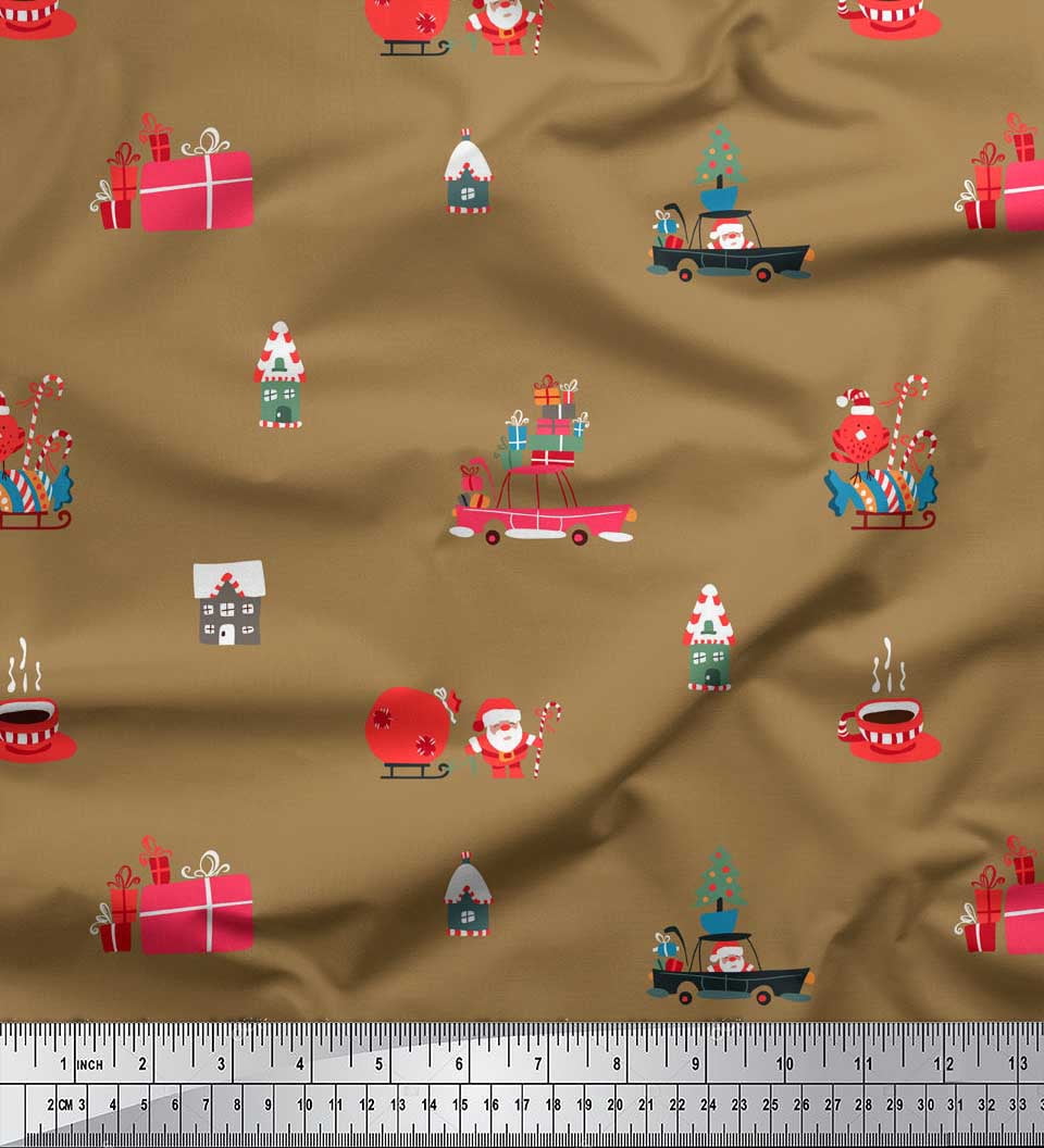 Soimoi Modal Satin Fabric House,Gift Box & Santa Christmas Print Fabric by the Yard 42 Inch Wide