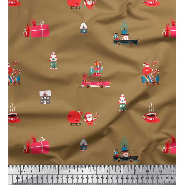 Soimoi Modal Satin Fabric House,Gift Box & Santa Christmas Print Fabric by the Yard 42 Inch Wide