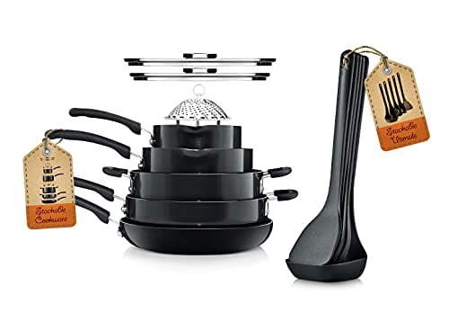 NutriChef Kitchenware Cookware, Non-Stick Pans and Pots with foldable Knob, Space Saving, Stackable, Nylon Tools, Induction Base, Black (17-Piece Set), One Size