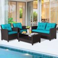 thumbnail image 1 of Gymax 4PCS Outdoor Conversation Set Patio PE Rattan Set w/ Glass Table & Sofa Cushions Turquoise, 1 of 10