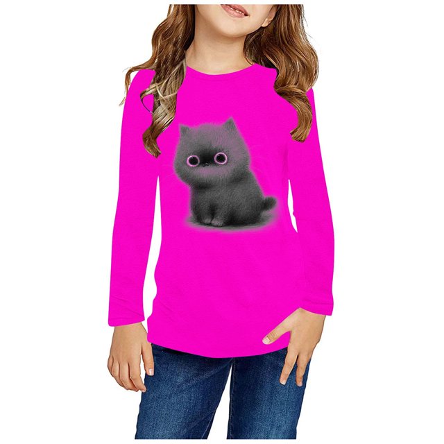 RXIRUCGD Chemises à Manches Longues pour Filles, Col Rond Mignon, Blouses Décontractées Élégantes (Rose Vif, Taille : 4 Ans)