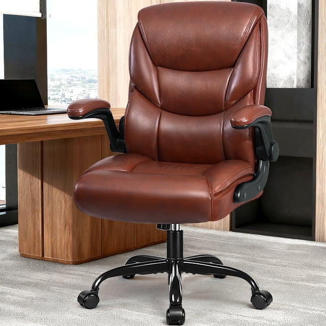 COOLHUT PU Leather Small Office Chair, Ergonomic Desk Chair with Flip-up Armrests and Wheels, Adjustable Height Computer Gaming Chair, Space Saving, 360 Swivel & Tilt Home Office Chair, 300LBS