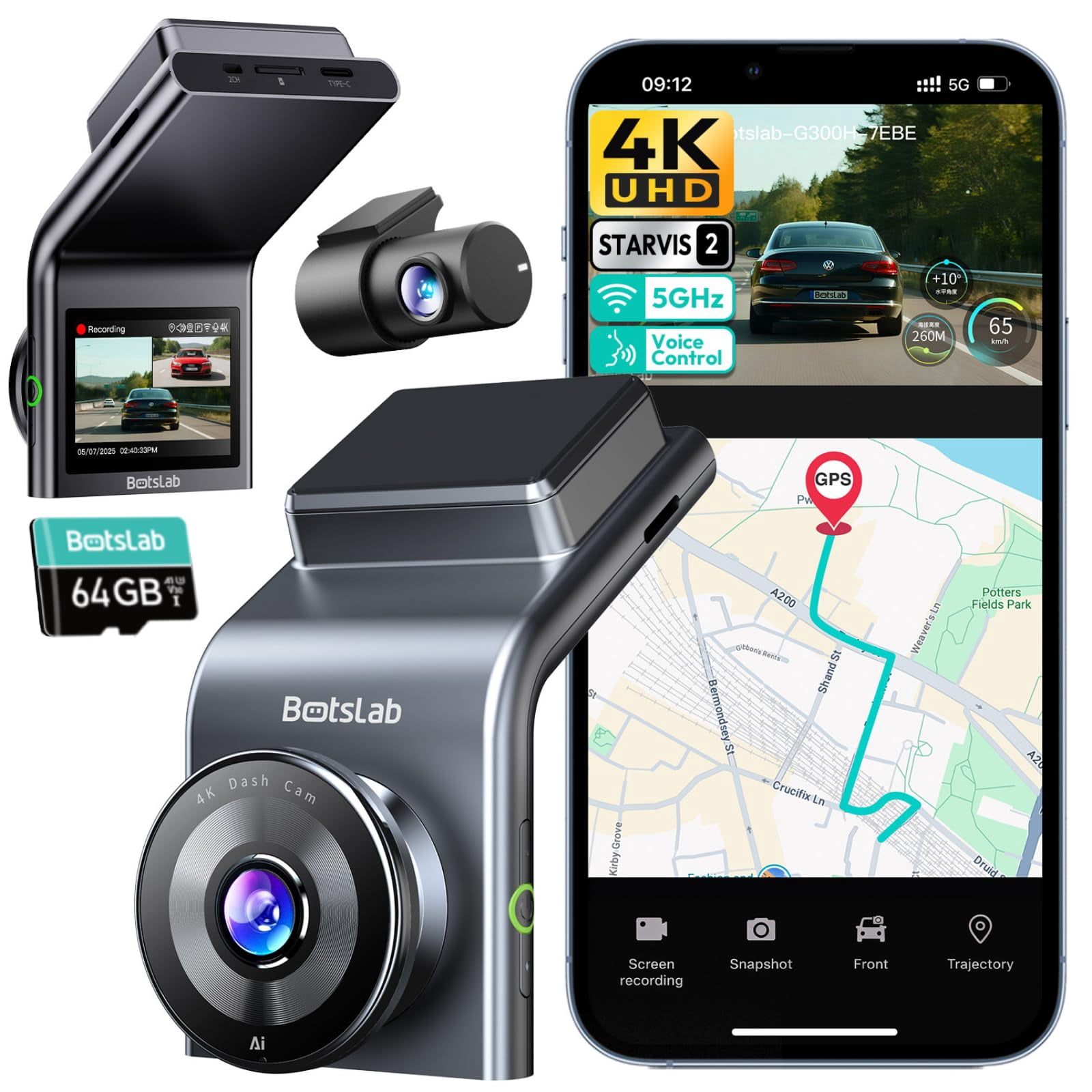 BOTSLAB 4K Dash Cam Front and Rear, STARVIS 2 Sensor, Voice Control, 64GB Card Included, 5GHz WiFi Dashcam Front and Rear Camera, Built in GPS, WDR N