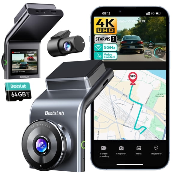 BOTSLAB 4K Dash Cam Front and Rear, STARVIS 2 Sensor, Voice Control, 64GB Card Included, 5GHz WiFi Dashcam Front and Rear Camera, Built in GPS, WDR N