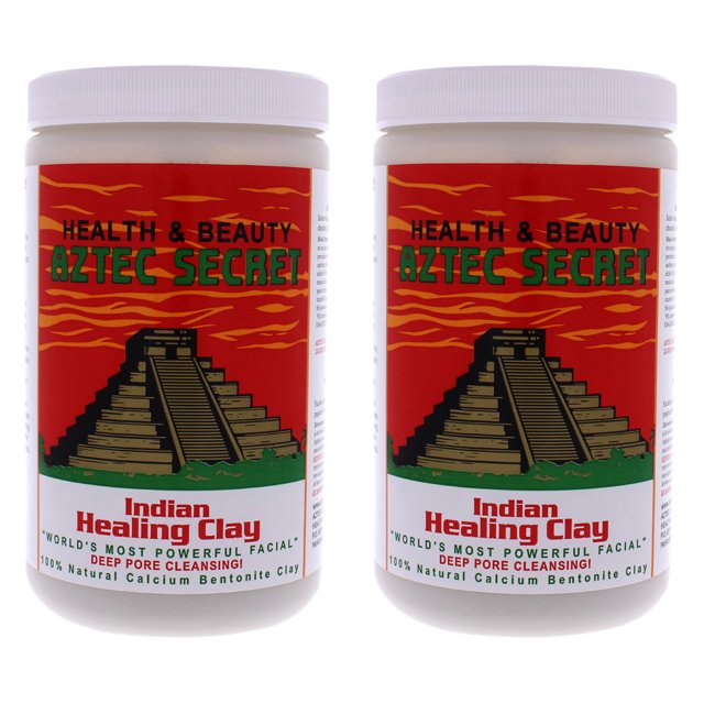 Argile de Guérison Indienne par Aztec Secret pour Unisexe - Argile de 2 lb - Lot de 2. Deux Pots d'Argile de calcium bentonite 100 % Naturelle avec Étiquettes à Thème Aztèque Rouge et Vert Présentant un design Pyramidal. Convient à Tous les types de Peau, Cette Argile Est Utilisée pour les Soins du Visage, le Traitement de l'Acné, les Trempages des Pieds et Plus, Favorisant une Peau Lisse et Douce.