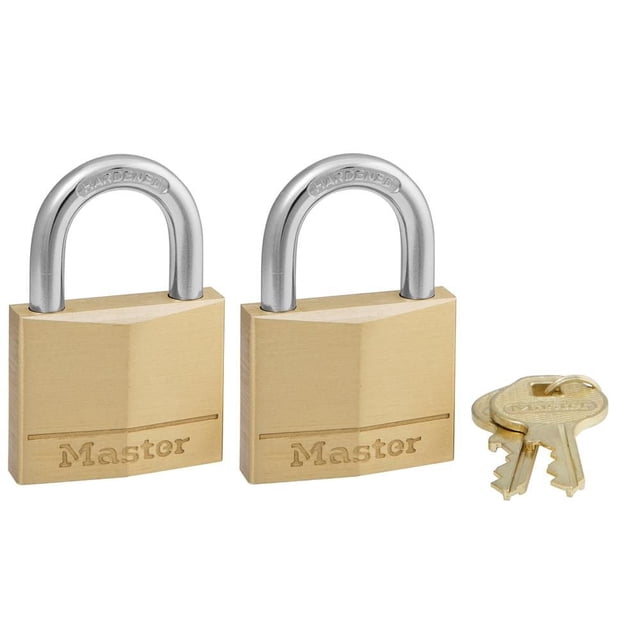 Master Lock 1-9/16” Covered Solid Body Padlock set with two brass solid body padlocks featuring black vinyl covered bodies for scratch and corrosion resistance, hardened steel shackles, and two matching brass keys, suitable for secure hardware applications.