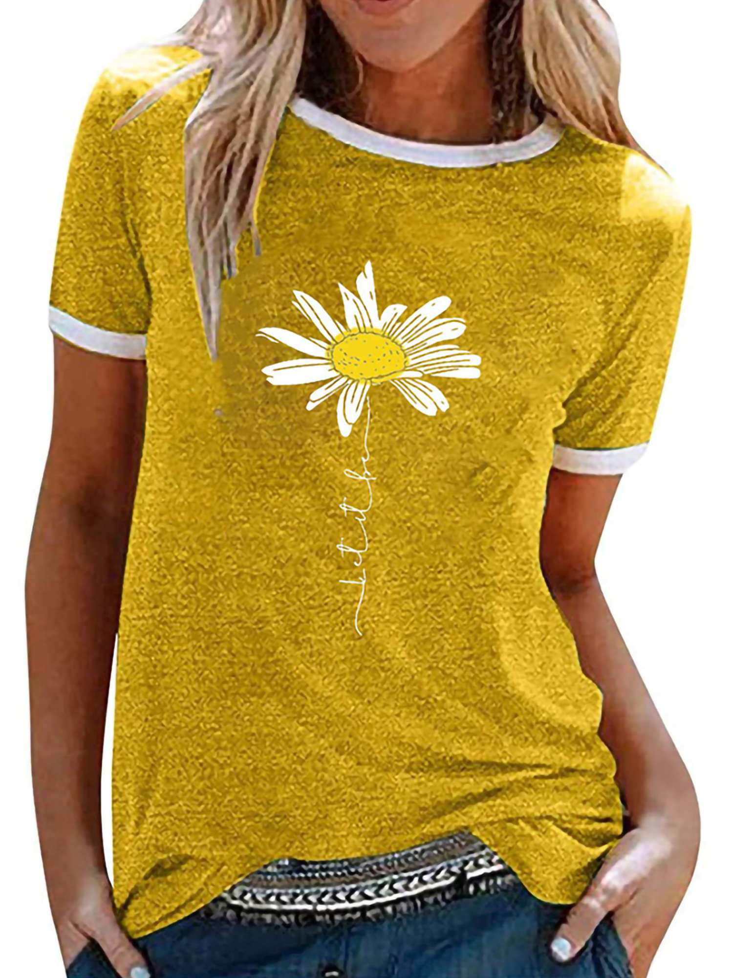 LUXUR Ladies Tops Short Sleeve T Shirt Letters Design Tee Stitched Tunic Blouse Daisy Print Pullover Yellow XXL