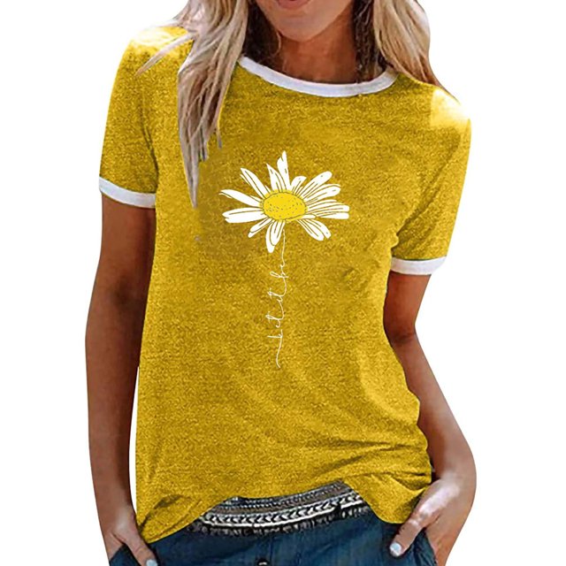 LUXUR Ladies Tops Short Sleeve T Shirt Letters Design Tee Stitched Tunic Blouse Daisy Print Pullover Yellow M