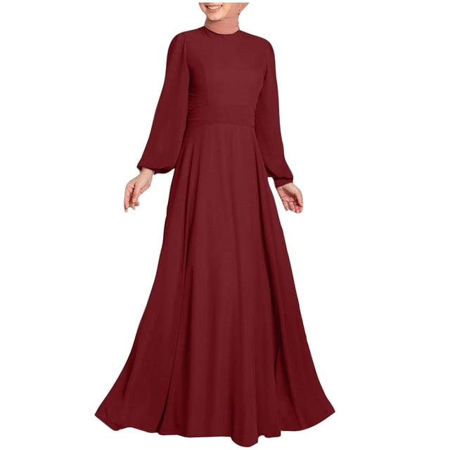Women High Neck Abaya Muslim Dress Solid Color Prayer Clothes Long Sleeve Islamic Robe Full Length Dresses