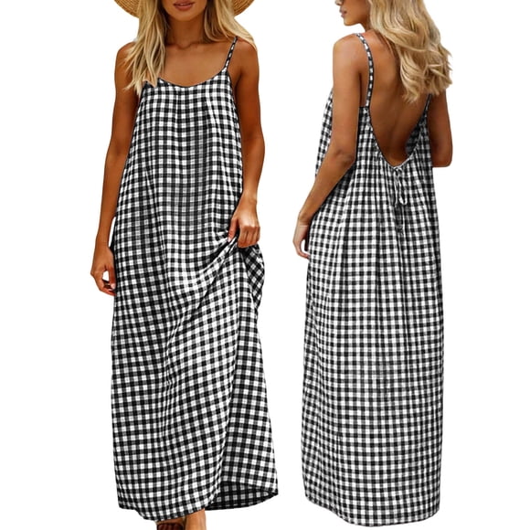 Summer Dress For Women Sleeveless Backless Spaghetti Strap Flowy Long Sundress in Cotton-Linen Blend for Casual Wear and Vacation