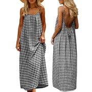 Summer Dress For Women Sleeveless Backless Spaghetti Strap Flowy Long Sundress in Cotton-Linen Blend for Casual Wear and Vacation