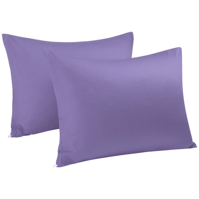 Zippered Pillowcases Covers Egyptian Cotton 2-Pack in purple, sized 20 x 30 inches. Made from 100% Egyptian cotton with a 250-thread count for comfort and durability. Features a hidden zipper closure to prevent slipping and ensure a secure fit. Suitable for queen-sized pillows and machine washable for easy care. Package includes two pillowcases; pillow inserts not included.