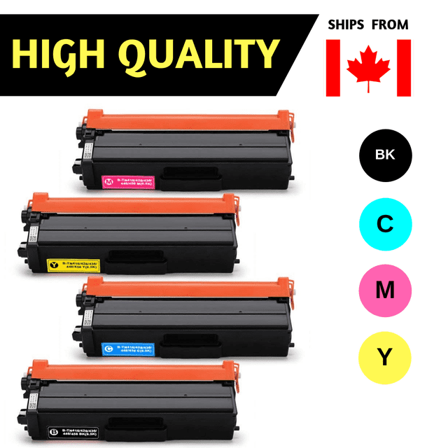 Brother TN436 High Capacity Compatible Toner Cartridge Combo in black, cyan, magenta, and yellow, displayed in a set of four cartridges with orange accents. Ideal for printer supplies requiring toner ink. Multicolour design by Zoomtoner.