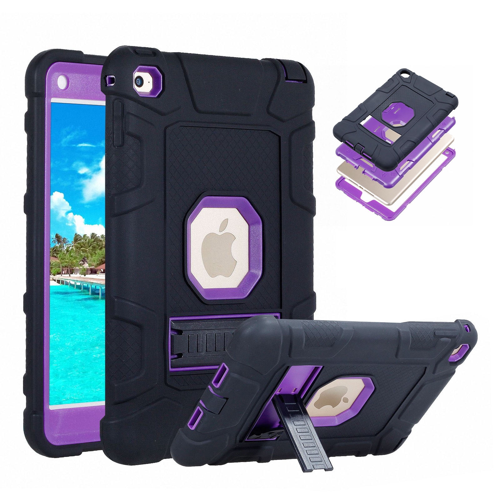 Allytech 7.9" Dual Layers Silicone Tablet Case with Kickstand, Black & Purple