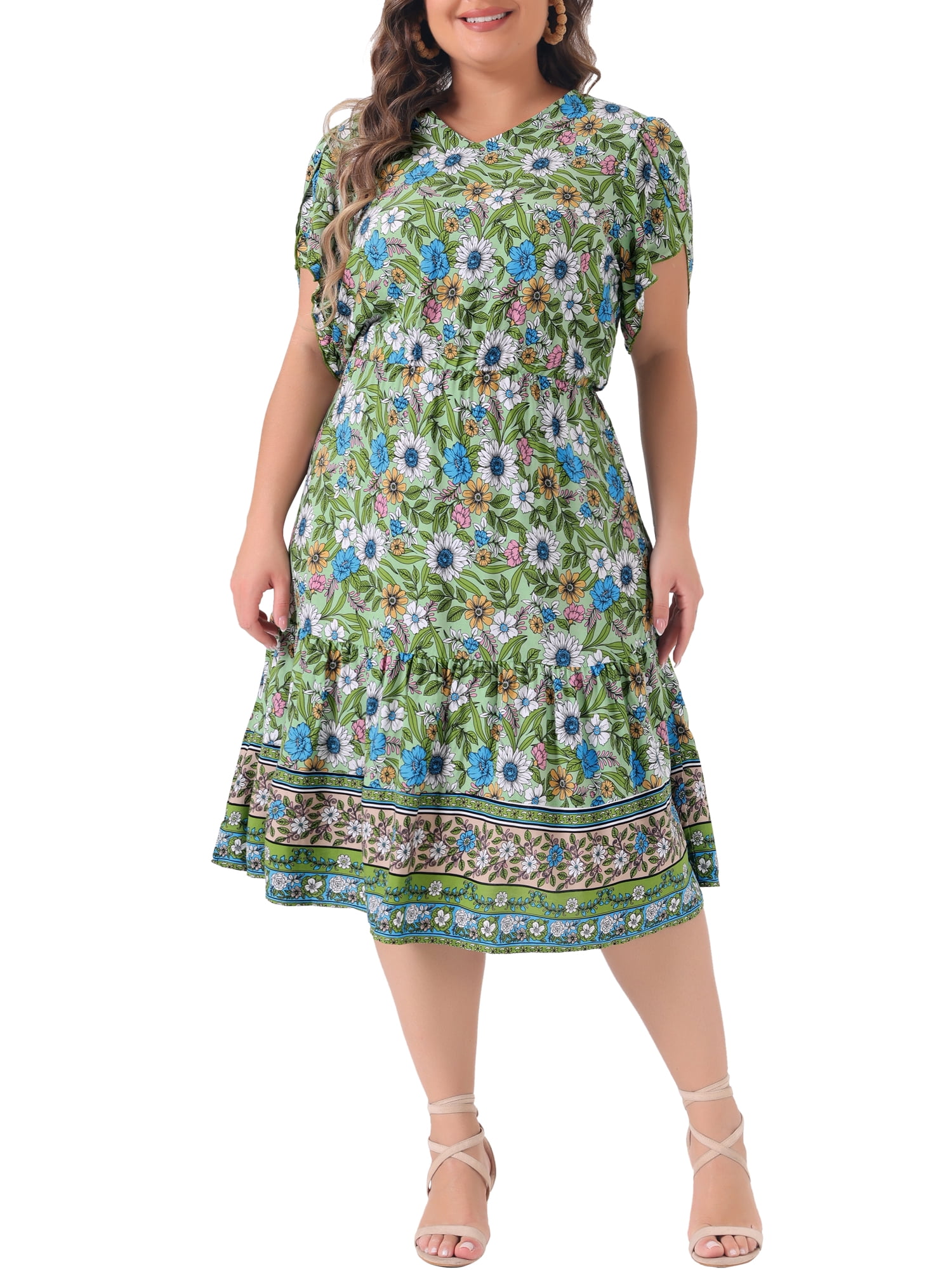 GRACE & GRANDEUR Robe Midi Trapèze d'Été Bohème Décontractée à Col en V à Manches Courtes à Imprimé Floral pour Femme Grande Taille2X Vert