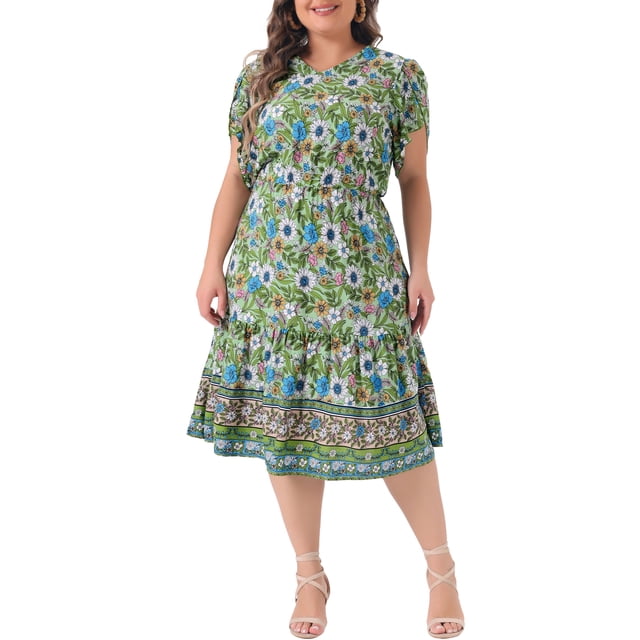 GRACE & GRANDEUR Robe Midi Trapèze d'Été Bohème Décontractée à Col en V à Manches Courtes à Imprimé Floral pour Femme Grande Taille4X Vert