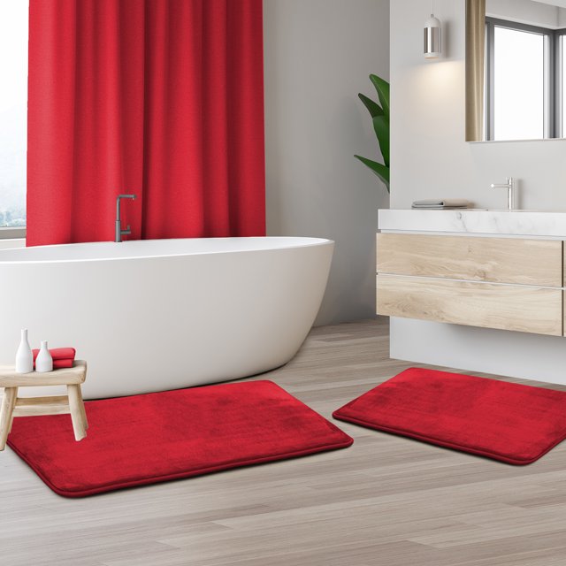 Set of 2 Large Clara Clark Bath Mat Bathroom Rug - Absorbent Memory Foam Bath Rugs - Non-Slip, Thick, Cozy Velvet Feel Microfiber Bathrug, Plush Shower, Toilet- Floor Bathmats Carpet - Red - 20"x32"