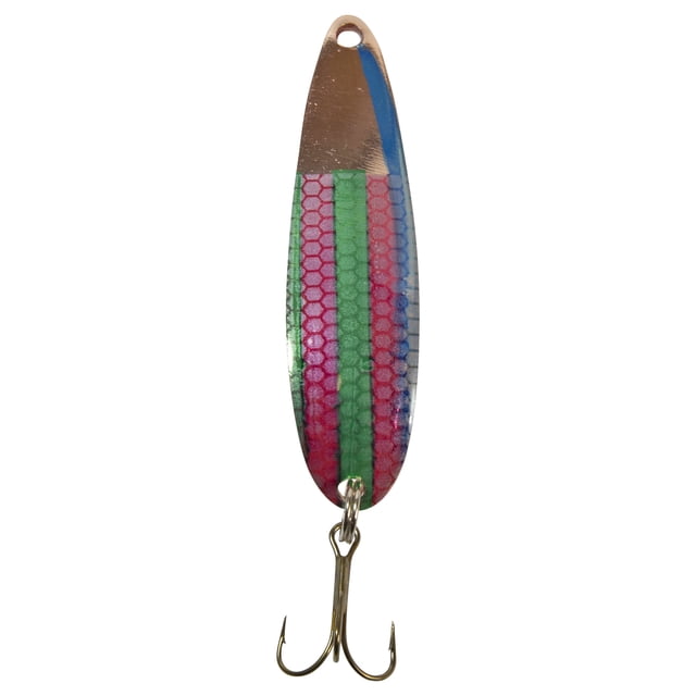 Lucky Strike Baitworks Rainbow Lure Spoon, 1-3/4" Fishing Spoon centered front view of a 1.75" heavy-gauge brass spoon lure with bright rainbow metallic finish and hammered texture, curved oval silhouette with eyelet and treble hook; sinks quickly and runs true for trolling or casting in fast, deep freshwater targeting lake trout, salmon and pike.