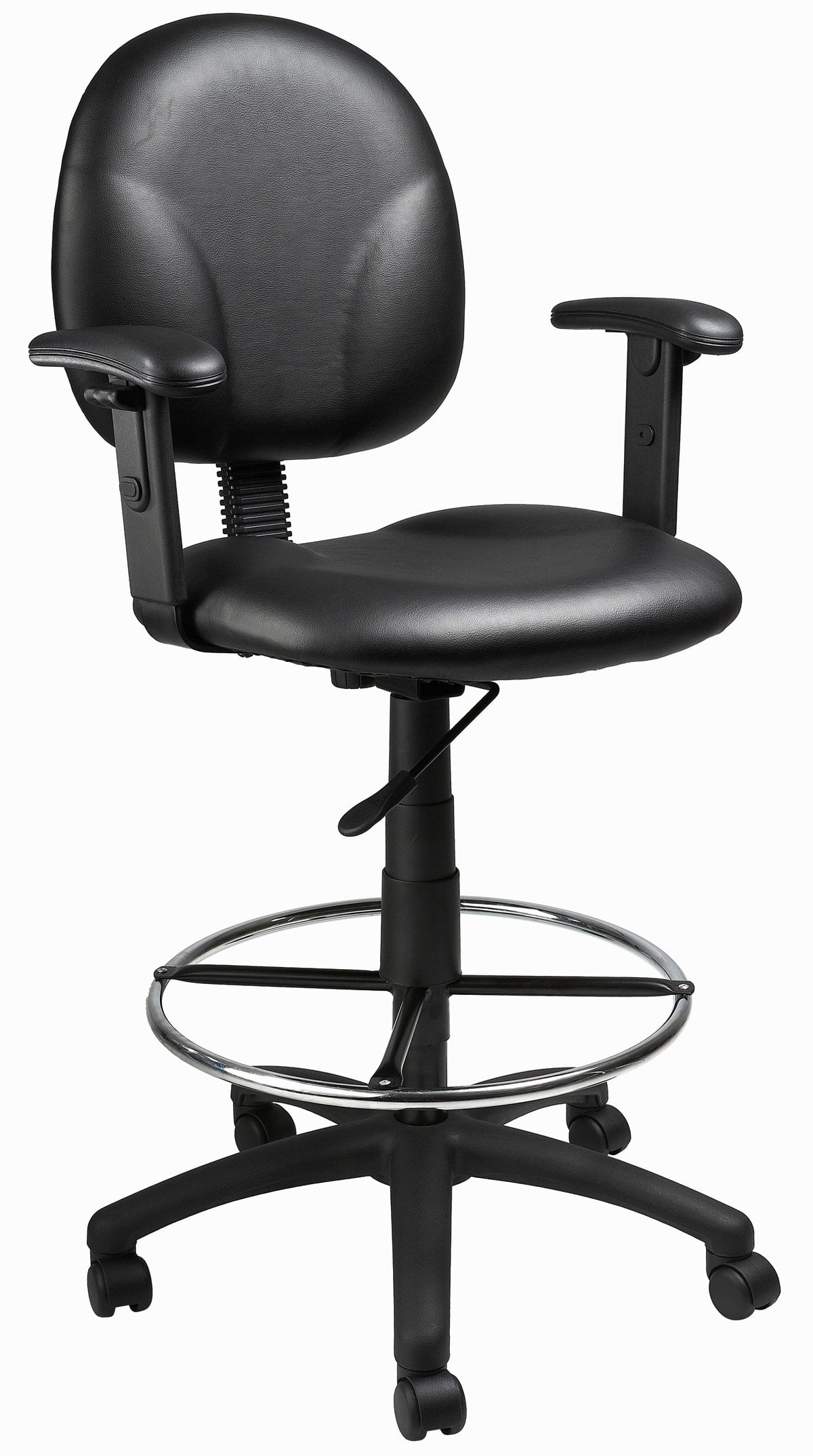 Boss Office Adjustable Arm Faux Leather Upholstered Drafting Stool in Black
