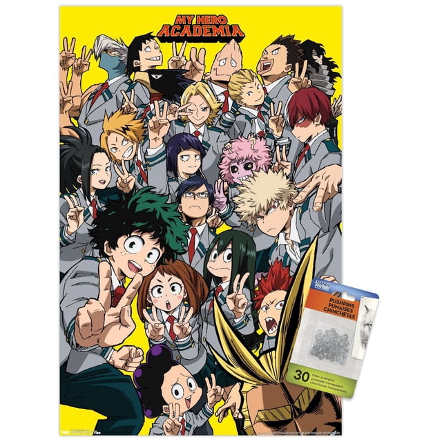My Hero Academia - Affiche Murale Selfie, 22,375 Po x 34 Po Mettant en Vedette des Personnages d'Anime en Uniforme Scolaire Posant avec des Signes de Paix sur un Fond Jaune Vif, Imprimée sur Papier Lustré avec Punaises Transparentes Incluses pour une Suspension Facile et Sans Dommages, Convient à la Décoration Murale de Chambre Ou de Dortoir.