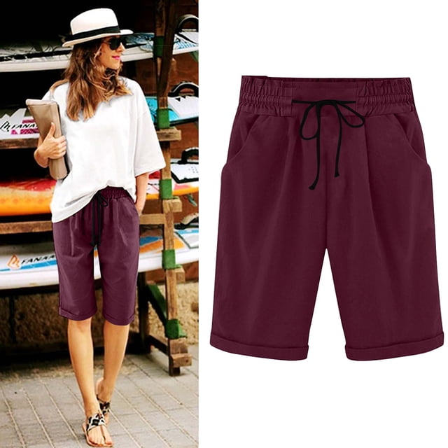 DPTALR Women's Summer Elastic Waist Drawstring Side Pocket Solid Color Short Pants 5/4