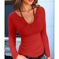 thumbnail image 4 of Vêtements d'Automne pour Femmes Chandails à Manches Longues à Col Licou en U en Tricot Côtelé Ajustés Basiques Décontractés Hauts Rouge P, 4 of 9