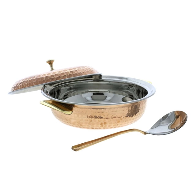 Hammered Copper Inside Stainless Steel Casserole Donga Bowl/Copper Handi with Lid and Serving Spoon, Tableware & Serveware | Home Hotel Restaurant Tableware Dishware Capacity 850ml