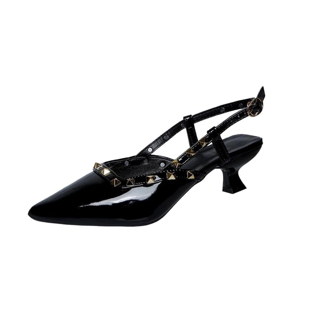 RXMEKW Pointed-Toe High Heels for Women with Ankle Strap and Low Block Heel, Patent Leather Dress Pumps for Work, Party, and Date Night in Extended Sizes