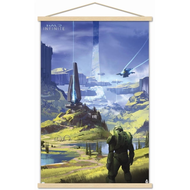 Halo Infinite - Master Chief Affiche Murale de Vallée, 14,725 Pouces x 22,375 Pouces art Mural Encadré Montrant Master Chief en Armure Verte Debout sur une Colline Herbeuse Surplombant une Vallée avec des Lacs, structures Futuristes de Précurseur Émettant des Faisceaux de Lumière Bleue, une Grande installation en Forme d'Anneau dans le Ciel, et un Avion Volant sous un Ciel Bleu, Idéal pour la Déco de la Maison et les Salles de Jeux.