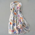 thumbnail image 2 of Pisexur Robes d'Été pour Femmes Mode Bohème à Imprimé Floral Robe Maxi Tunique Décontractée Taille Élastique Robe Soleil Col Rabattu Boutonnée Longue Robe Manches 3/4 Col en V Fluide Coton Lin Robe de Plage, 2 of 4
