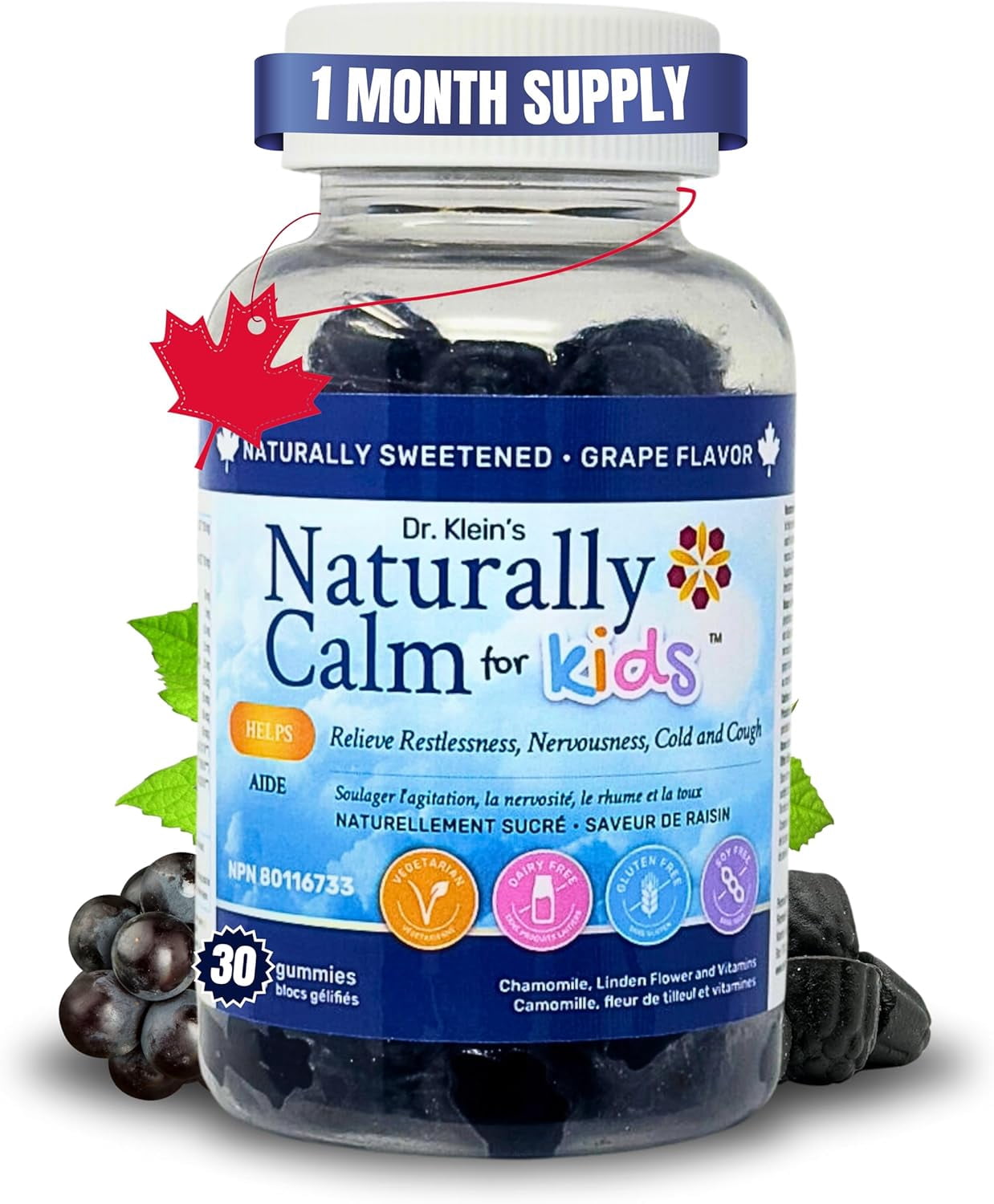 Naturally Calm Gummies for Kids – Magnesium Glycinate, Chamomile, & Linden Extract – Multivitamins that Promote Well-Being, Balance, & Overall Health – 30 Chewable Gummies – Grape Flavored – Rhoziva