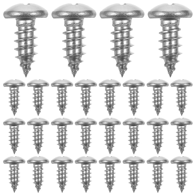 100 Pcs Vis à Bois Autotaraudeuses à Tête de Poêle en Acier Inoxydable Disposées en Grille. Ces Vis Argentées Offrent une construction durable en Acier Inoxydable, un Filetage Affûté pour Créer Leurs Propres Fils, et Sont Idéales pour le Travail du Bois, les applications en Plastique et une Fine Fixation Métallique. Couramment Utilisées dans les Projets de Bricolage et l'Assemblage de Meubles.